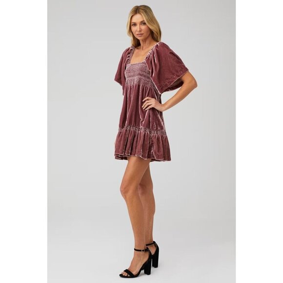 Free People Easy To Love Mini Dress in Dried Currant Small Womens Velvet Babydol - Picture 3 of 12